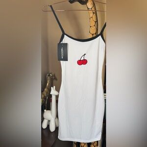 PrettyLittleThing White Ribbed Tank with Red Cherry Embroidery